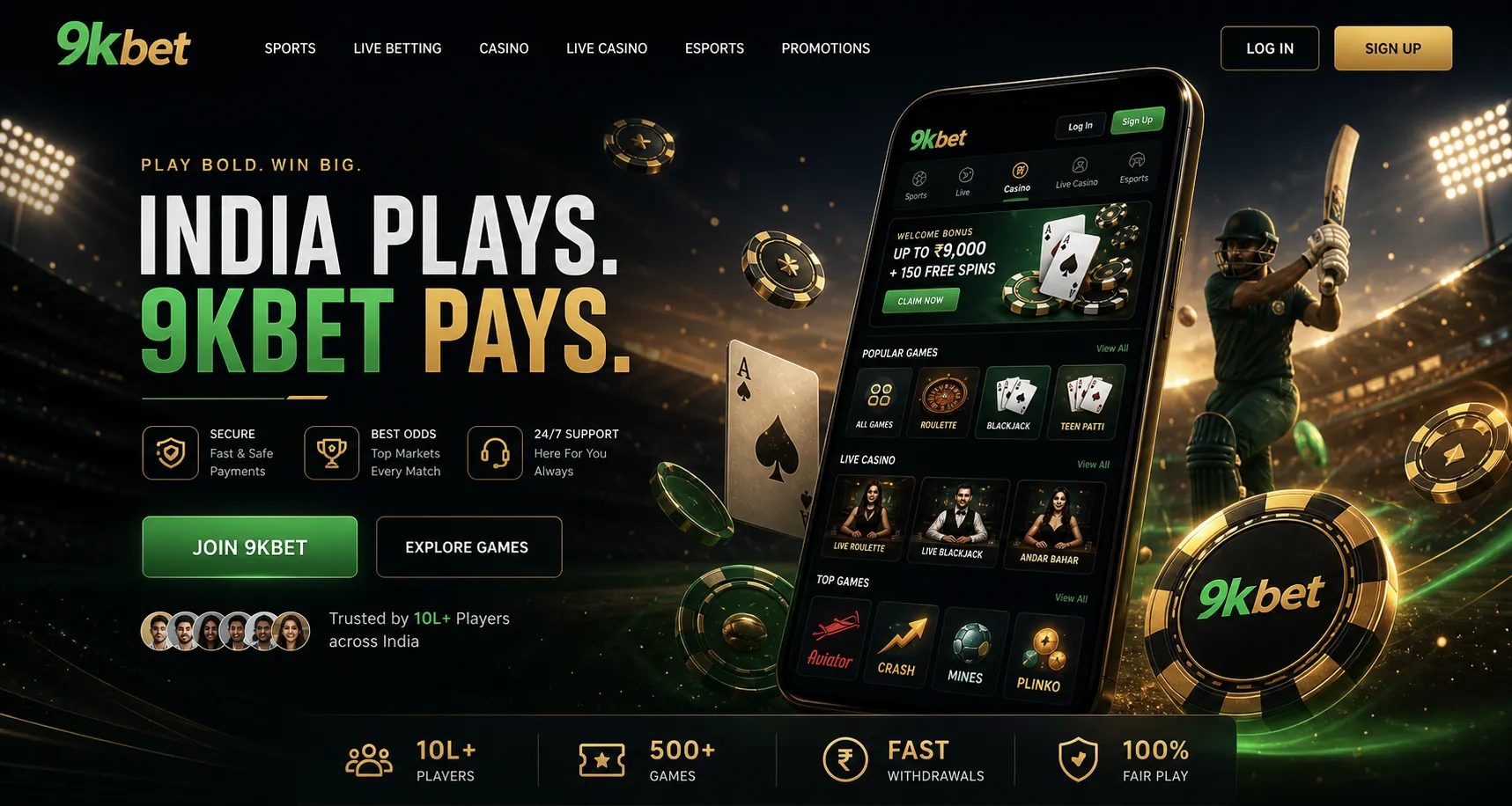 9kbet India mobile casino and cricket betting brand visual